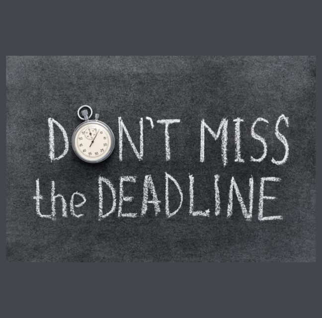 Chalkboard reading Don’t miss the deadline with a stopwatch