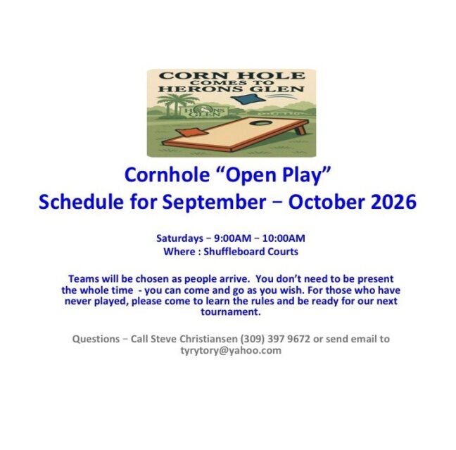 Cornhole open play schedule flyer for September and October 2026