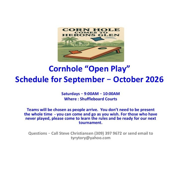 Cornhole open play schedule flyer for September and October 2026
