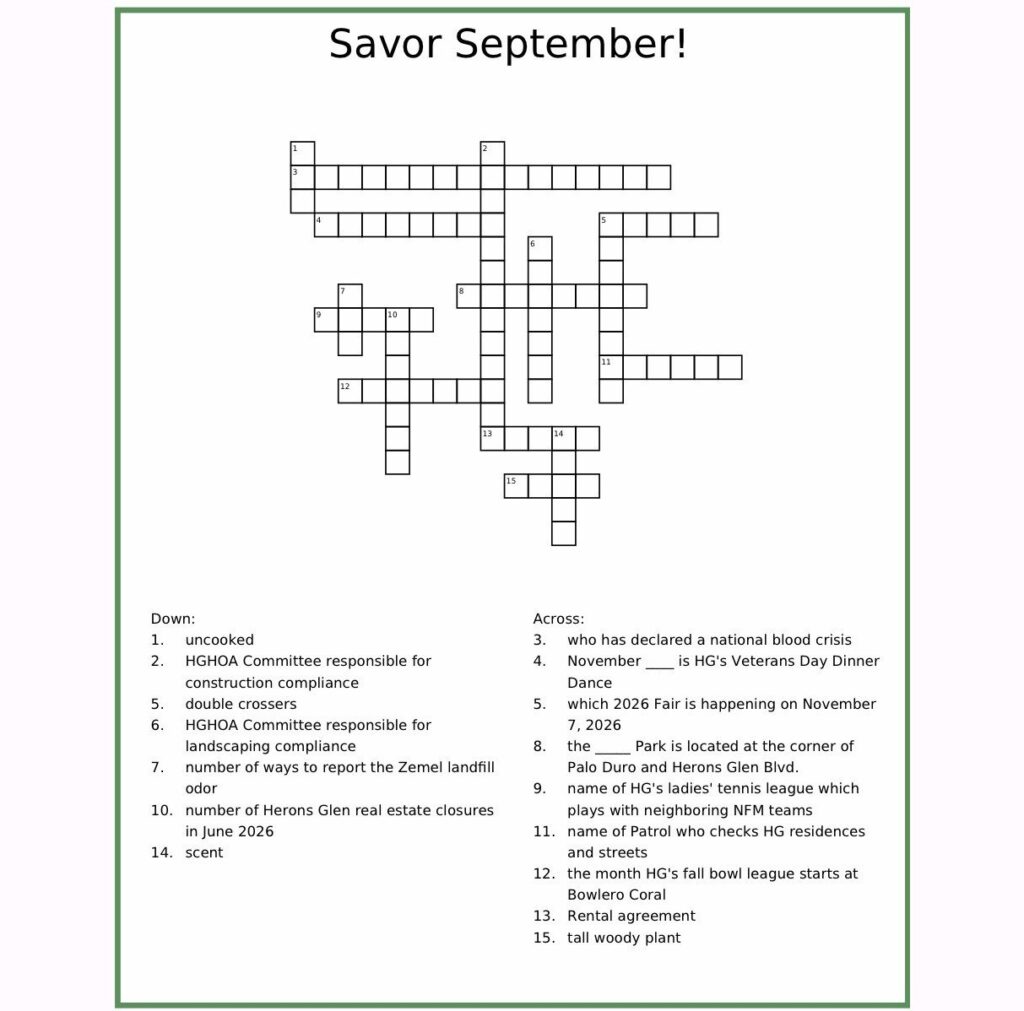 Savor September crossword puzzle grid with down and across clues