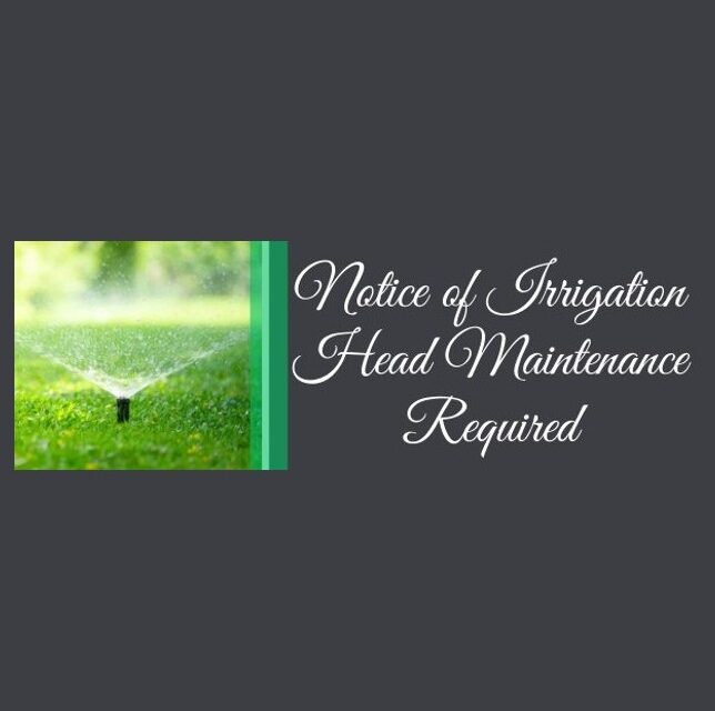 Banner reading Notice of Irrigation Head Maintenance Required beside a lawn sprinkler