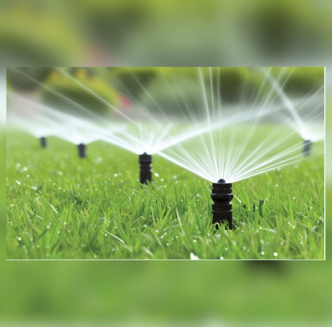 Lawn sprinklers spraying water across grass