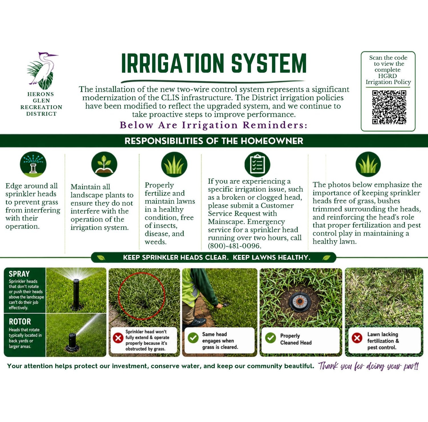 Herons Glen Recreation District flyer listing homeowner irrigation responsibilities