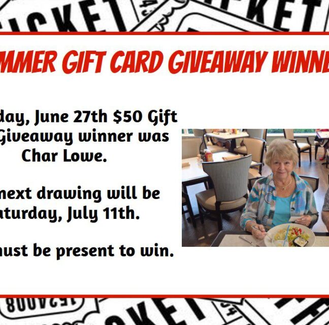 Char Lowe, June 27 Summer Gift Card Giveaway winner, seated at dinner