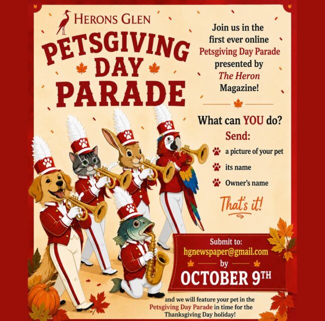 Illustrated flyer for the Herons Glen Petsgiving Day Parade showing a pet marching band