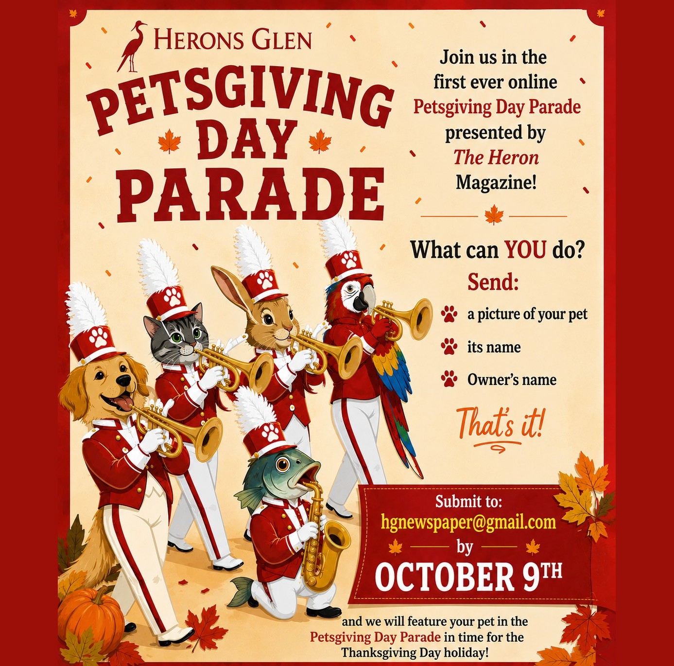 Illustrated flyer for the Herons Glen Petsgiving Day Parade showing a pet marching band