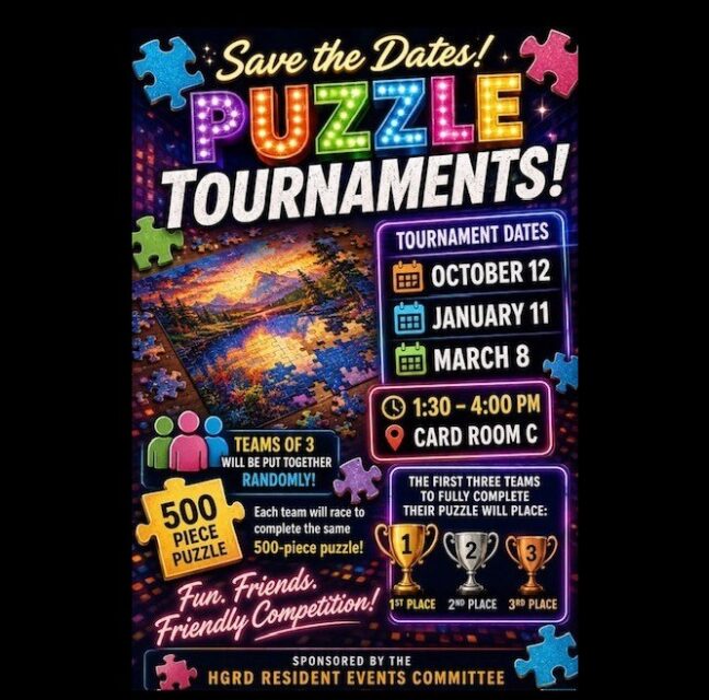 Flyer listing Puzzle Tournament dates for October, January and March