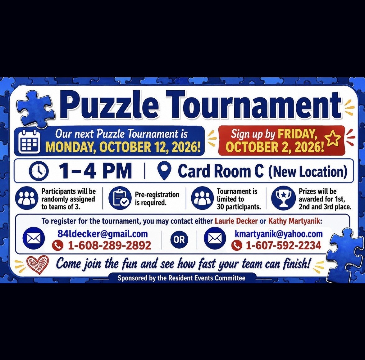 Flyer for the October 12 Puzzle Tournament in Card Room C