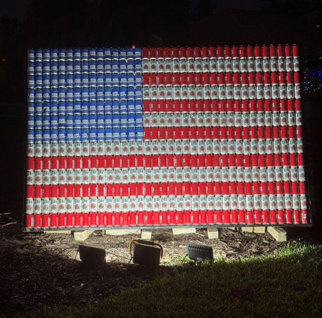 American flag made from beer cans at the entrance to Solana