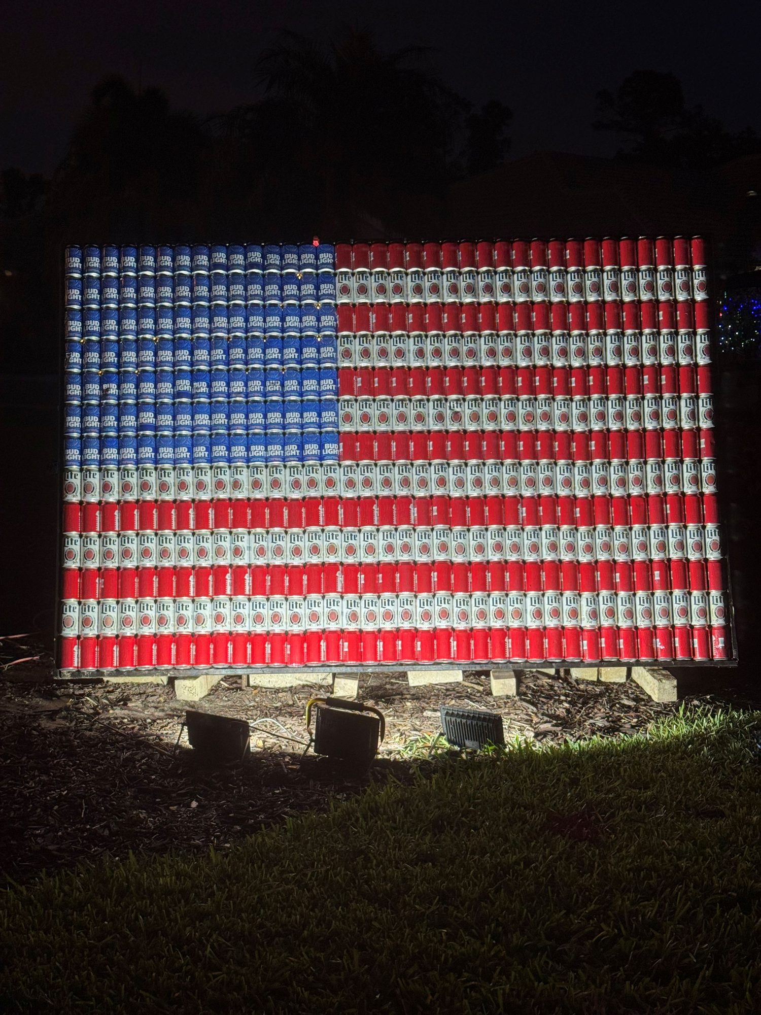 American flag made from beer cans at the entrance to Solana