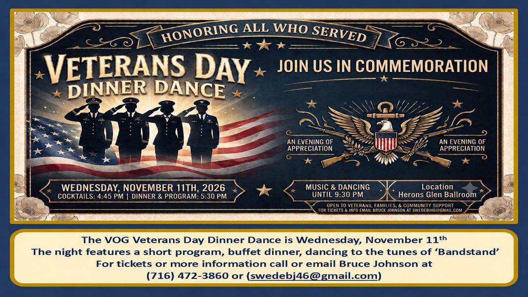 Veterans Day Dinner Dance flyer honoring all who served, November 11, 2026