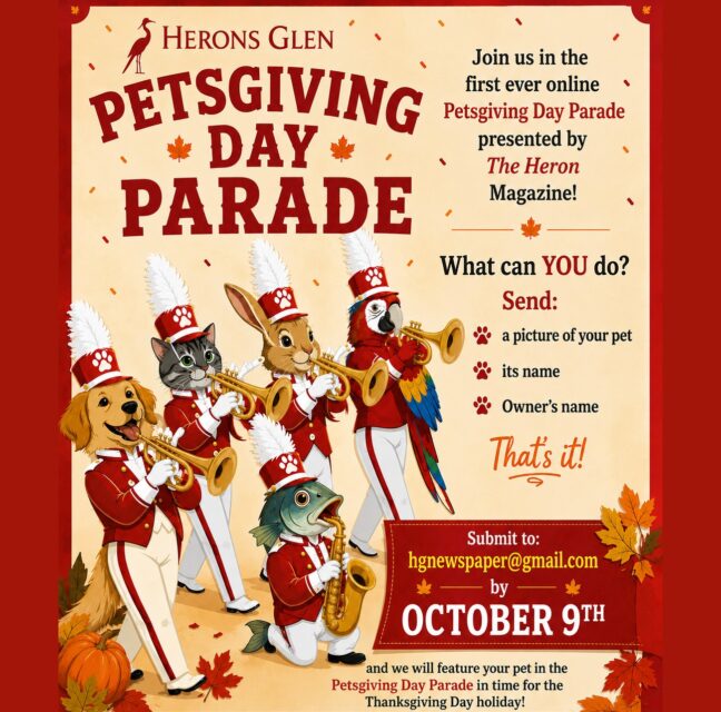 Herons Glen Petsgiving Day Parade flyer with cartoon pets in a marching band