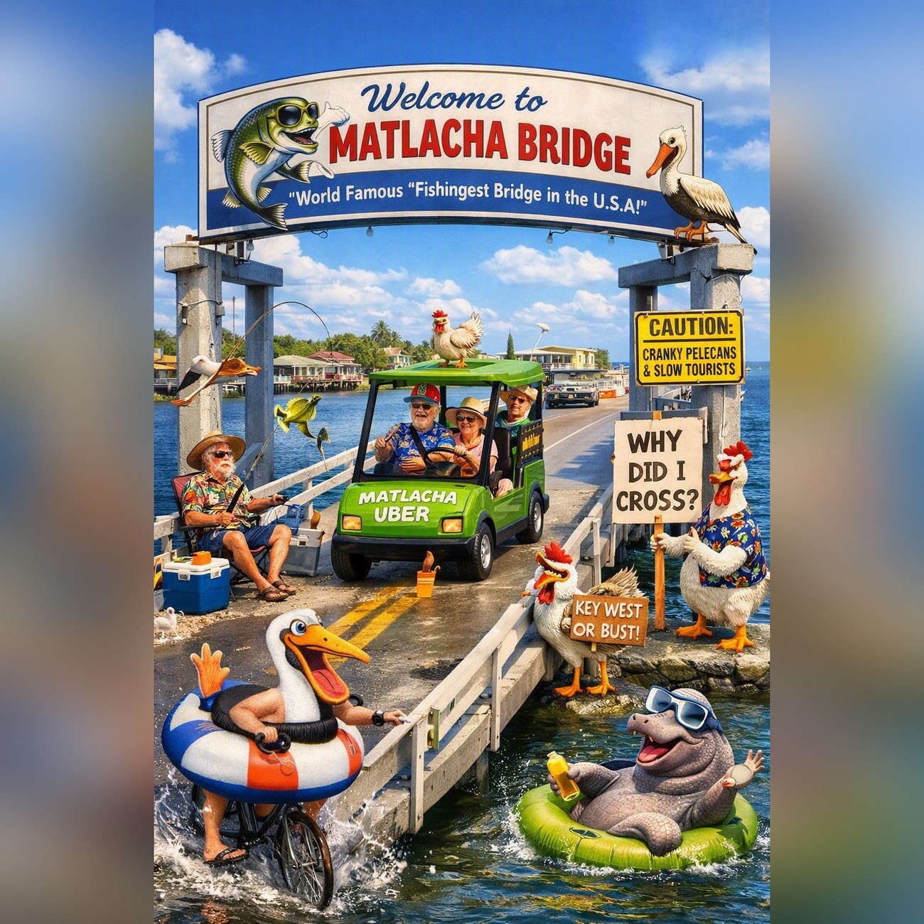 Cartoon Welcome to Matlacha Bridge sign with pelicans, chickens and fishermen