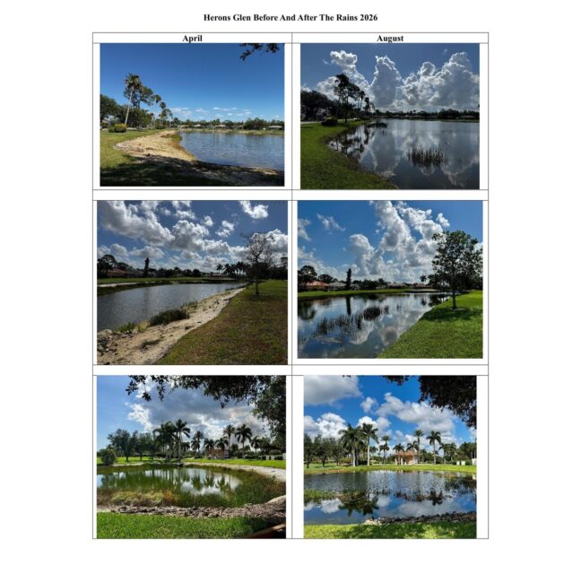 Six paired photos of Herons Glen ponds in April and August 2026