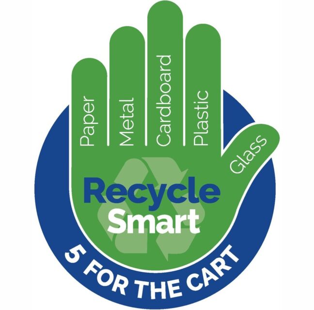 Recycle Smart hand graphic listing paper, metal, cardboard, plastic and glass