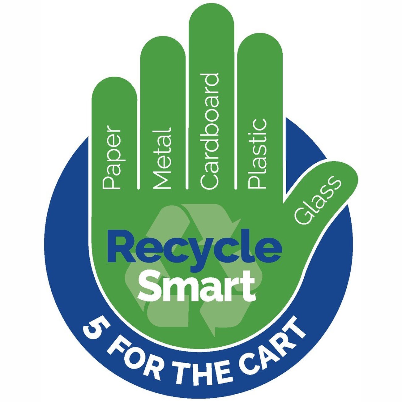 Recycle Smart hand graphic listing paper, metal, cardboard, plastic and glass