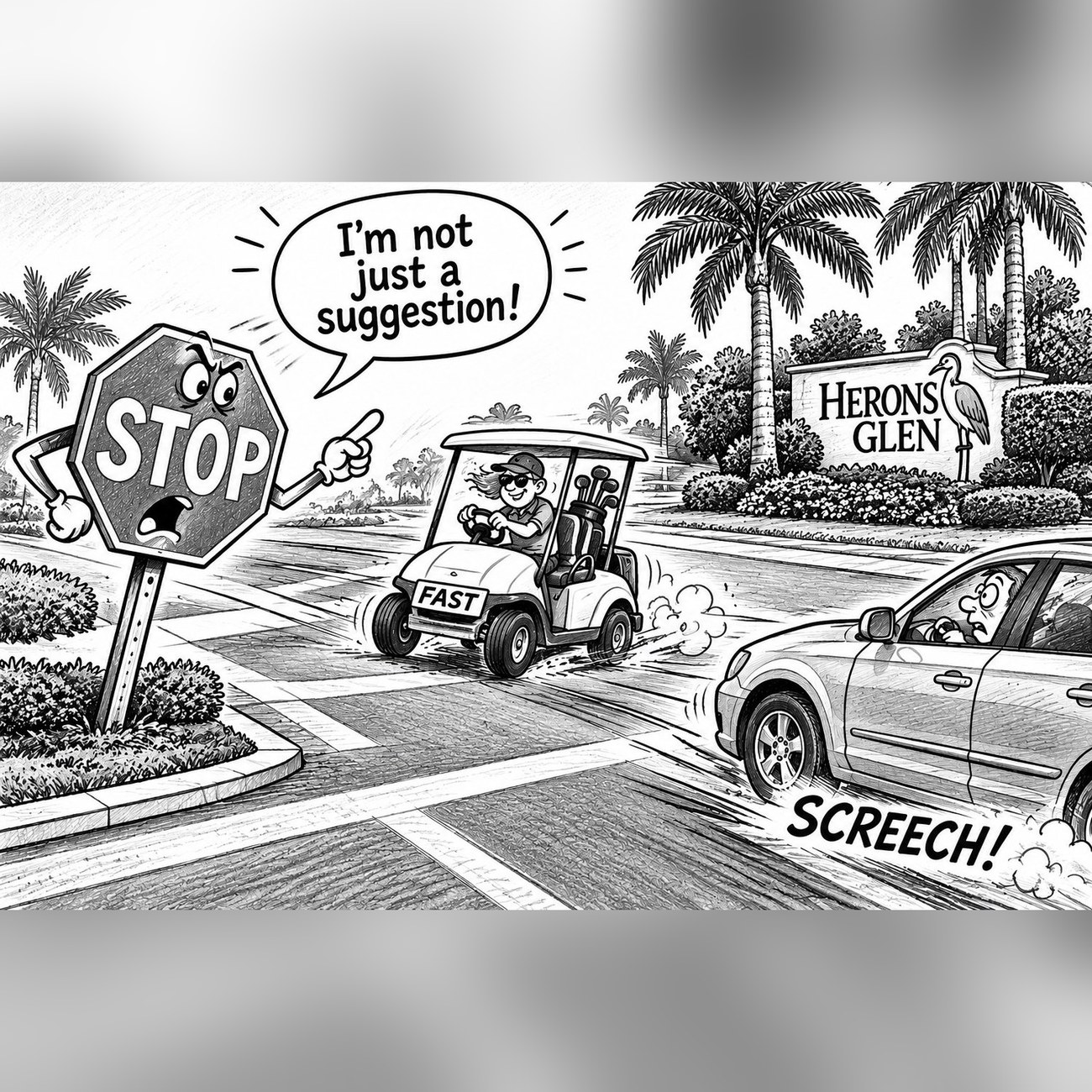 Cartoon of a golf cart speeding past a stop sign in Herons Glen