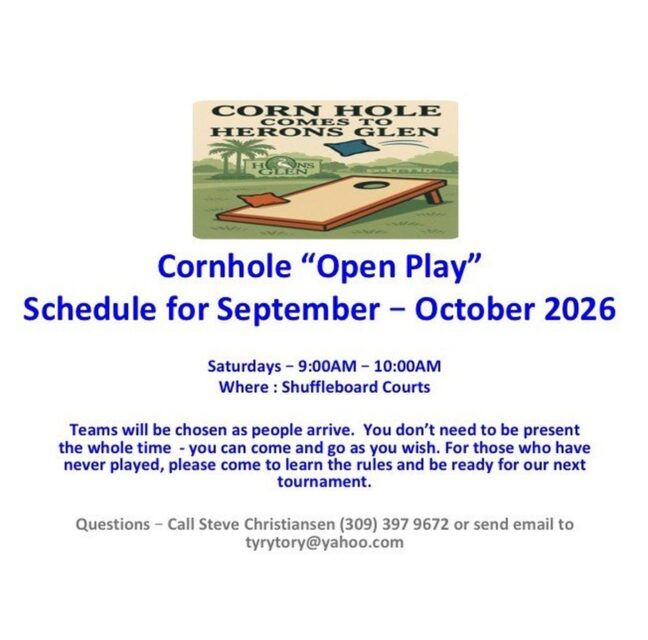 Cornhole Open Play schedule flyer for September and October 2026