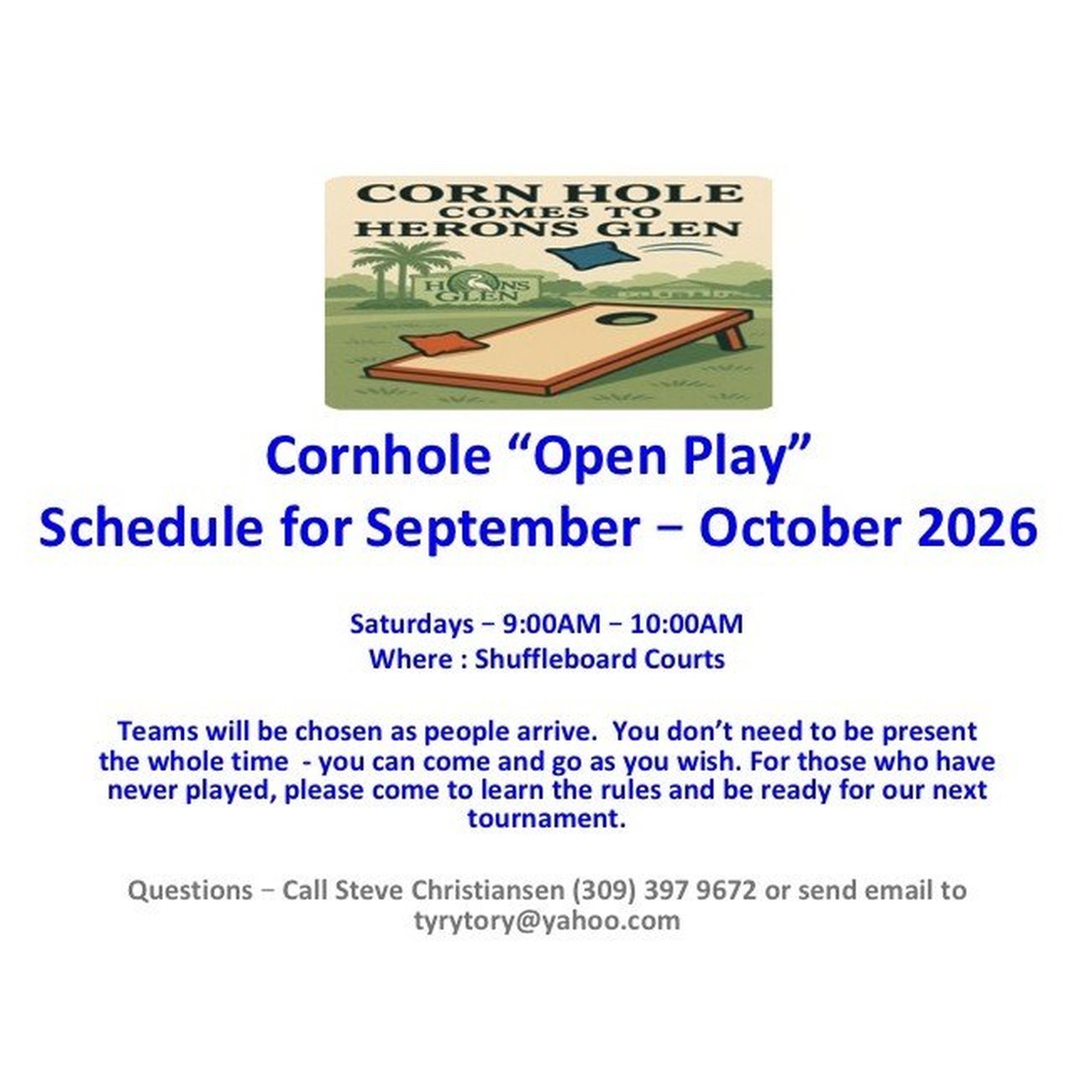 Cornhole Open Play schedule flyer for September and October 2026