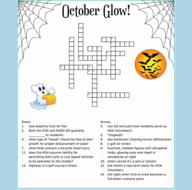 October Glow crossword with spider webs, a ghost holding a pumpkin and bats over the moon
