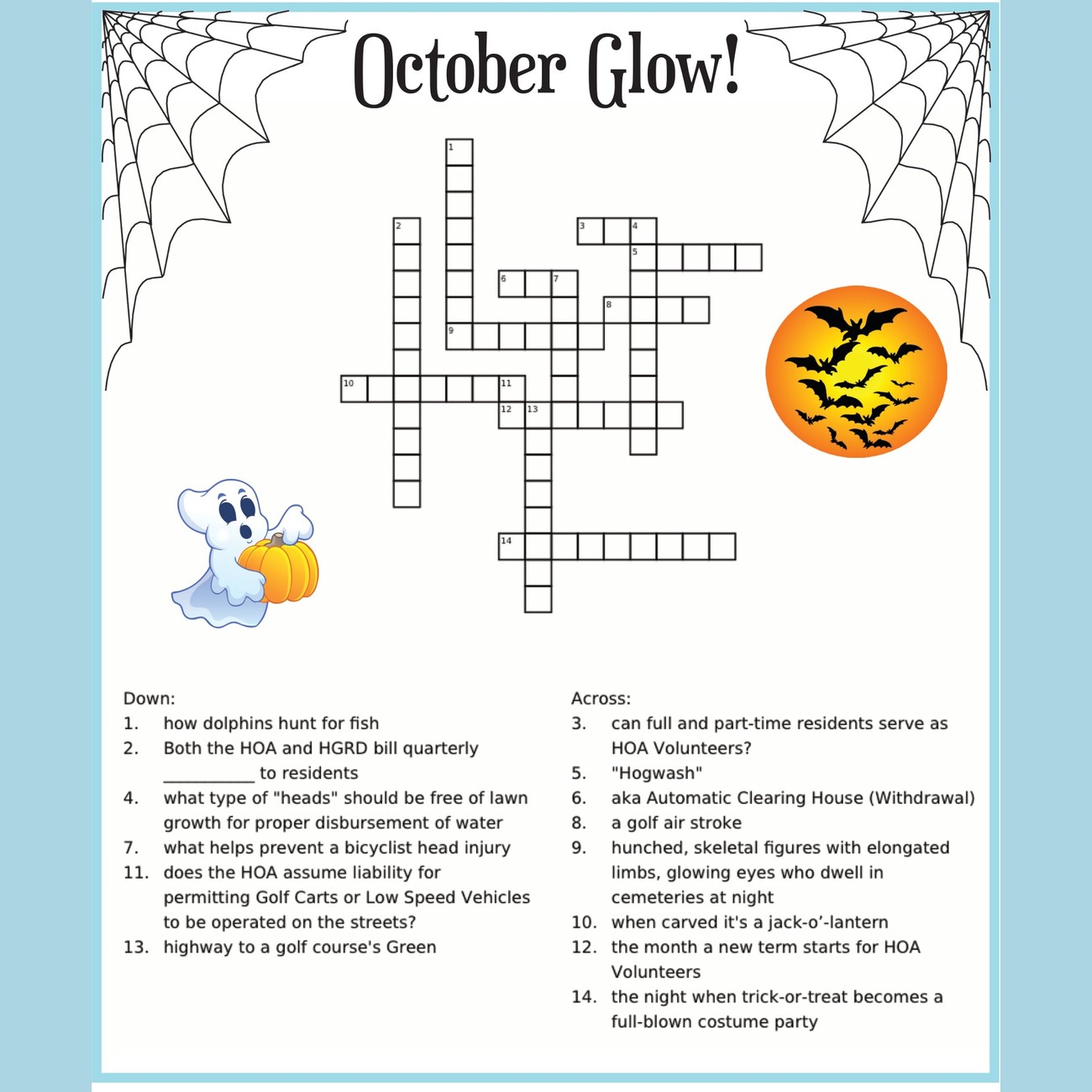 October Glow crossword with spider webs, a ghost holding a pumpkin and bats over the moon