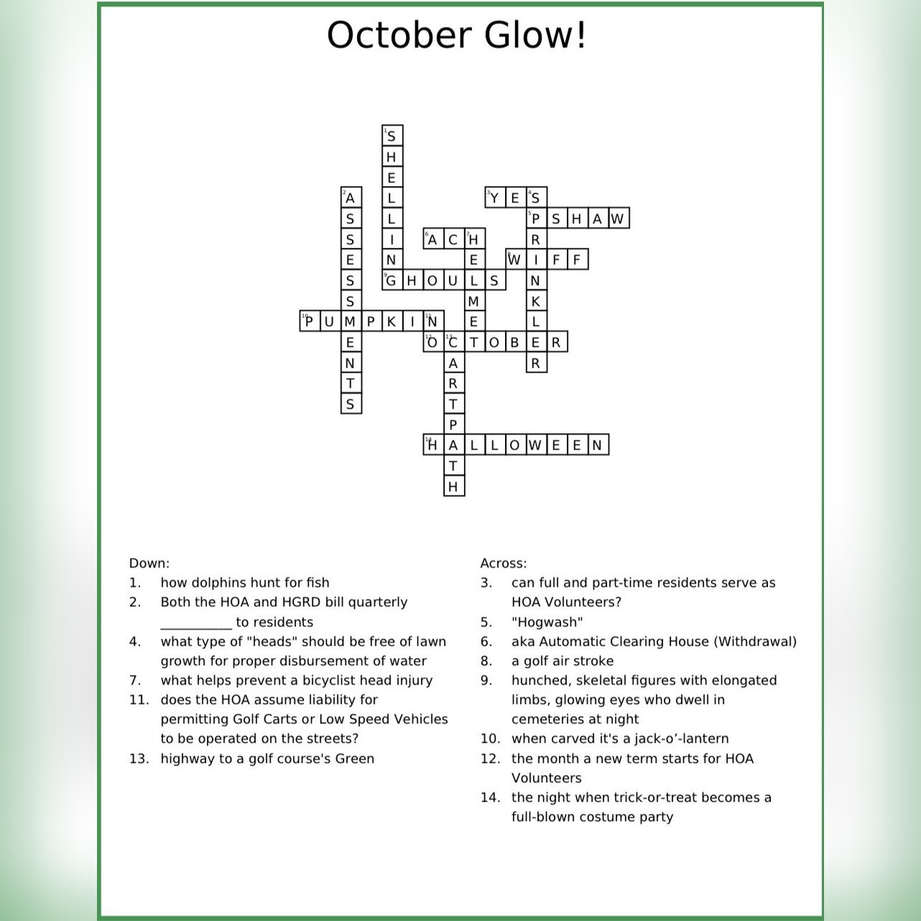 October Glow crossword puzzle with the answers filled in