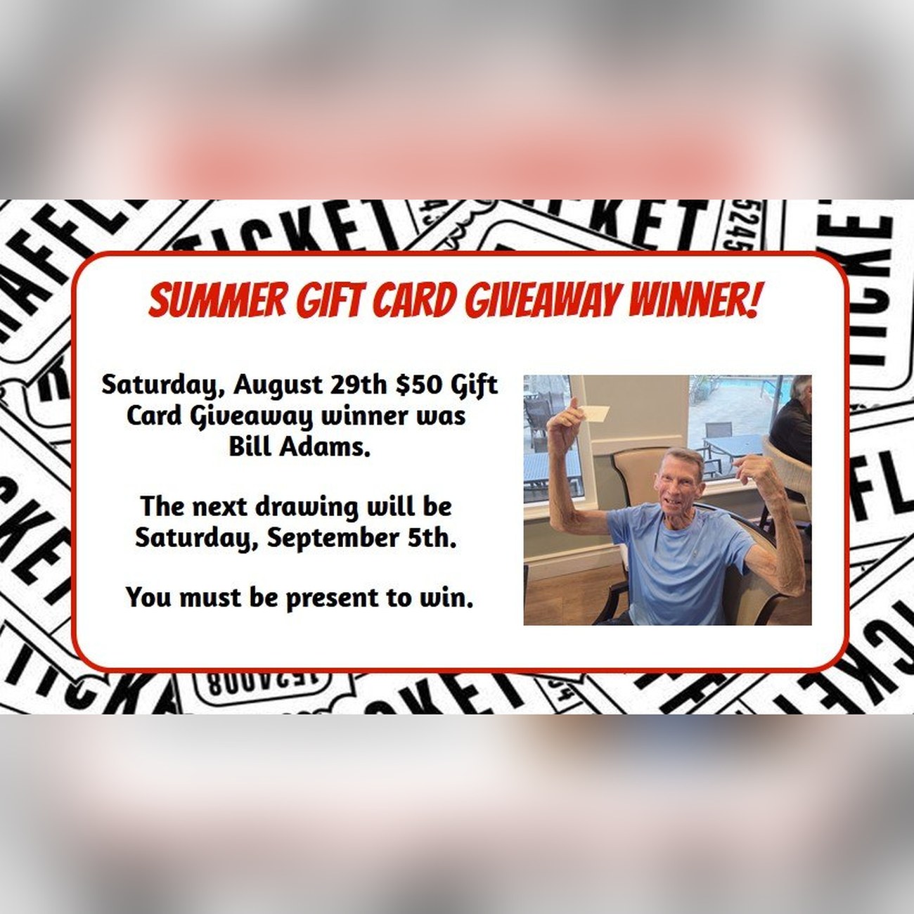 Summer Gift Card Giveaway winner Bill Adams