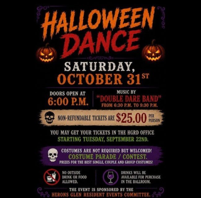 Halloween Dance flyer for Saturday, October 31 in the Herons Glen Ballroom
