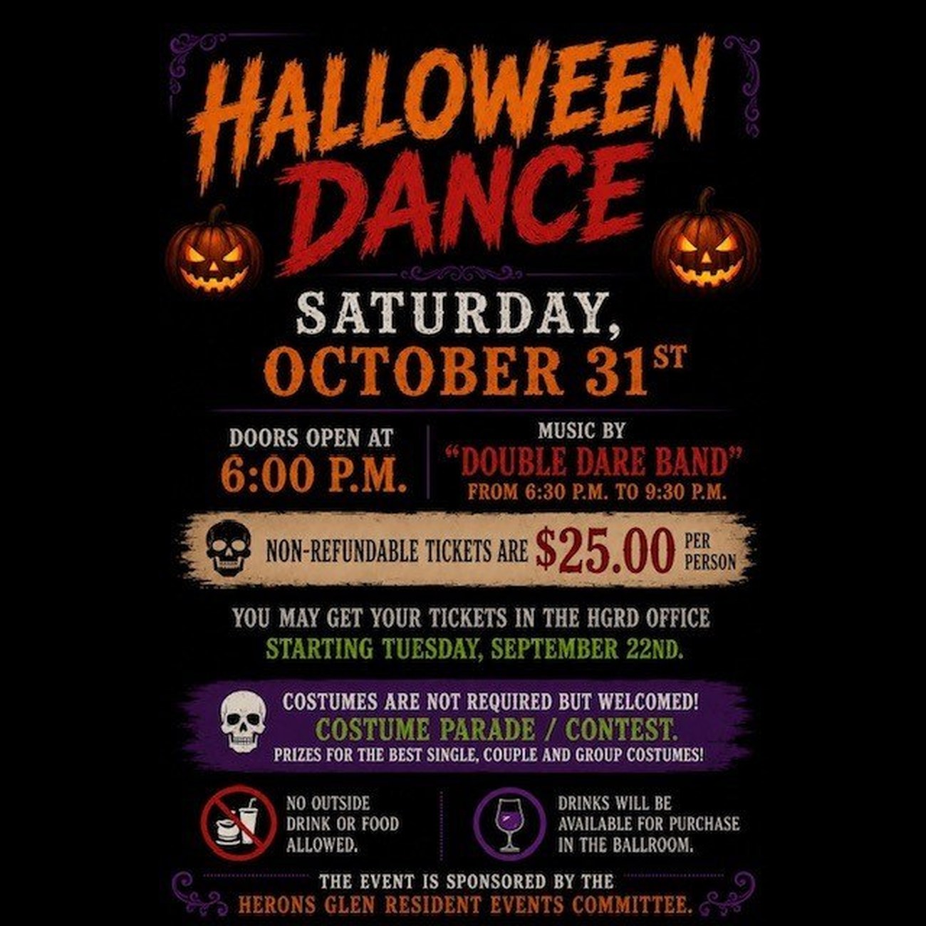 Halloween Dance flyer for Saturday, October 31 in the Herons Glen Ballroom