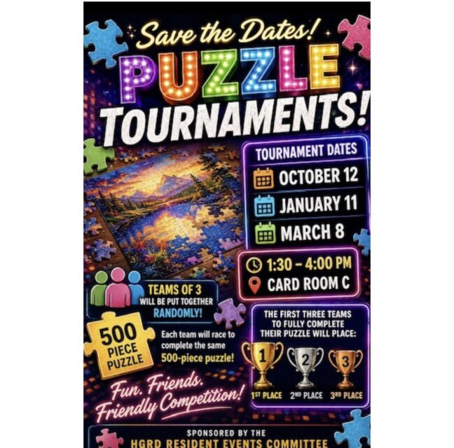Save the Dates Puzzle Tournaments flyer for October 12, January 11 and March 8