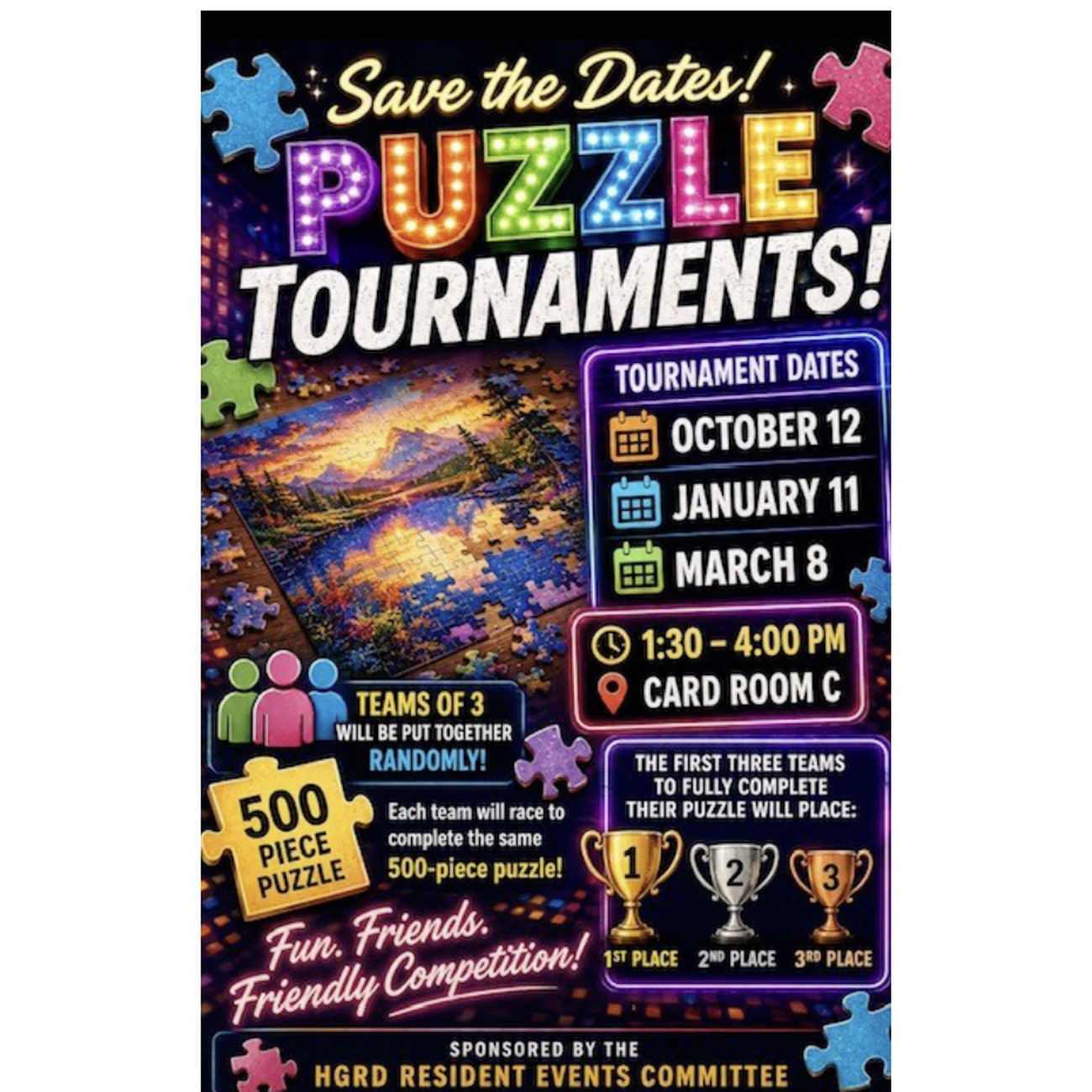Save the Dates Puzzle Tournaments flyer for October 12, January 11 and March 8